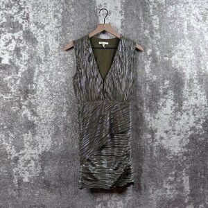 Maje Dress 36 / US 4 Womens Green Metallic Pleated Shift Cocktail Shiny
